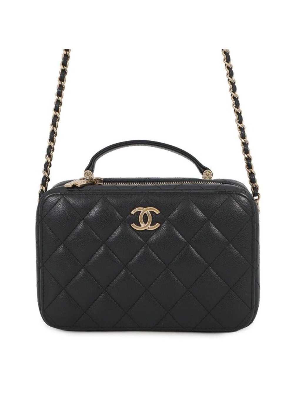 Chanel Chain Shoulder Bag Quilted CC Logo Top Handle Caviar Leather Black